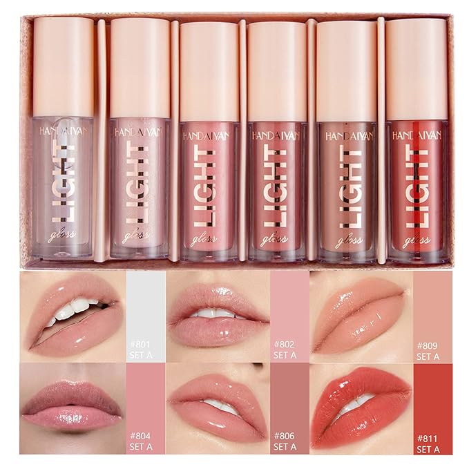 6PCS Lip Oil Light Lipgloss Set, Moisturizing Hydrating Lip Glow Oil Lip Gloss Kit High Shine Lip Plumping Glass Finish Liquid Lipstick for Women (Set A)