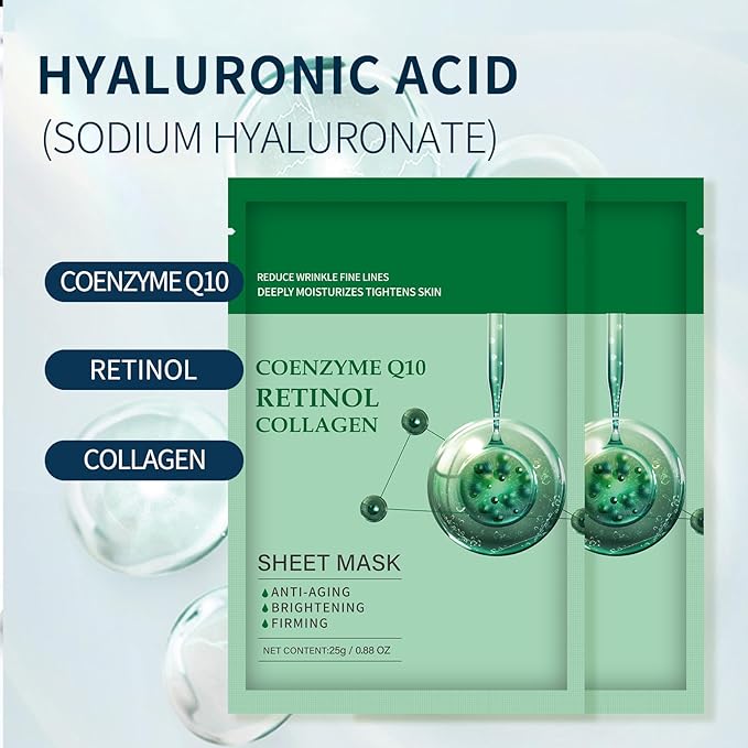 Collagen Face Sheet Mask Anti Aging Skin Care Mask Sheets Collagen Sheets Pack With Coenzyme Q10 Retinol Sheet Facial Masks Bulk, Face Masks Beauty for Women Fine Lines Wrinkle Moisturizing 10 Pack