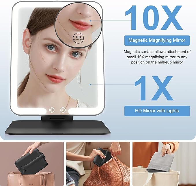 Gospire Travel Makeup Mirror with Lights and Magnification 10X, Portable Make Up Compact Tabletop with Adjustable Stand, 3 Colored Light Rechargeable Lighted LED Cosmetic Vanity- Black