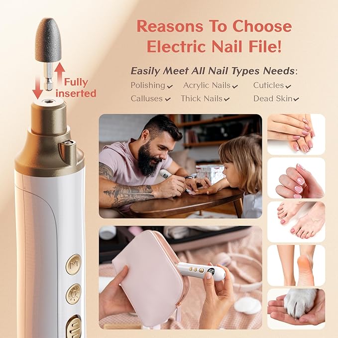Cordless Nail Drill Electric Nail File: Professional Manicure Pedicure Kit for Acrylic Gel Nails Grind Trim Polish, 15-Speed Brushless Electric Foot Callus Remover ,Nail Tool for Women & Men.