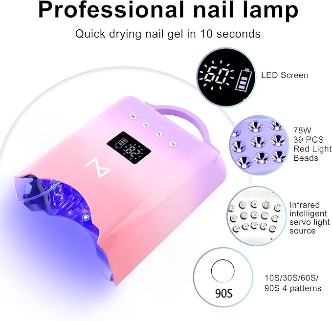 M - NEO Cordless & Rechargeable Nail Curing Lamp 78W with 4 LCD Time Display Timer, Auto Sensor, and Spacious Interior for All Hand Sizes and Nail Lengths (Unicorn Pink)