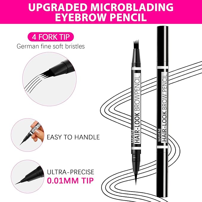 2-in-1 Eye Brow Pencils for Women,Waterproof Eyebrow Pen with 4 Tip Microblading Eyebrow Pencil and 0.01mm Ultra-Precise Eyeliner,Create Natural Hair-Like Brows,Lasting (04 Black)