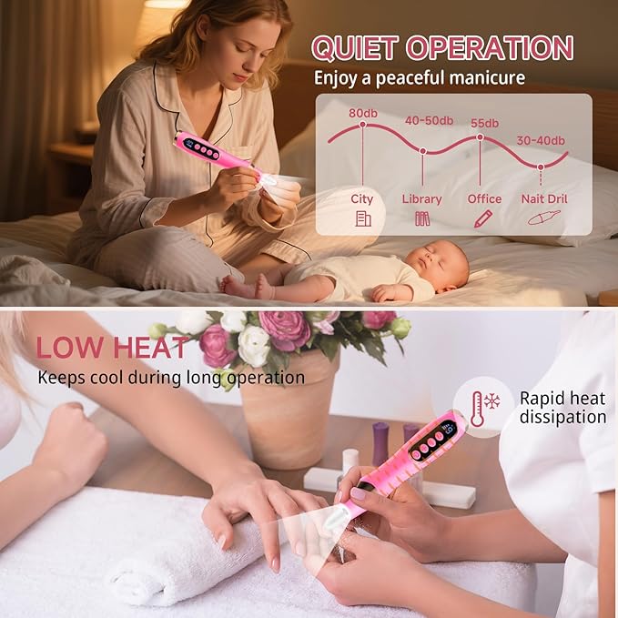 Cordless Nail Drill, Long-Lasting Electric Nail File, Low Noise Electric Nail Drill with 360° LED Light & 6 Speeds, Toenail Grinder for Thick Nail Toenail Cuticle Women Men Baby Pets