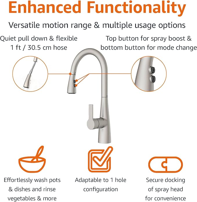 Amazon Basics Kitchen Faucet, Pull-Down Sink with Fast Mount, Spot-Free Stainless Finish, 1-Pack