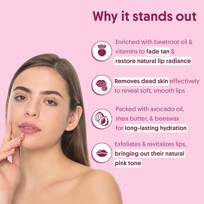 Beetroot Lip Scrub with Shea Butter & Cocoa Butter – For Dark, Chapped & Pigmented Lips – Suitable for Men and Women - 0.5 FL Oz / 15gm