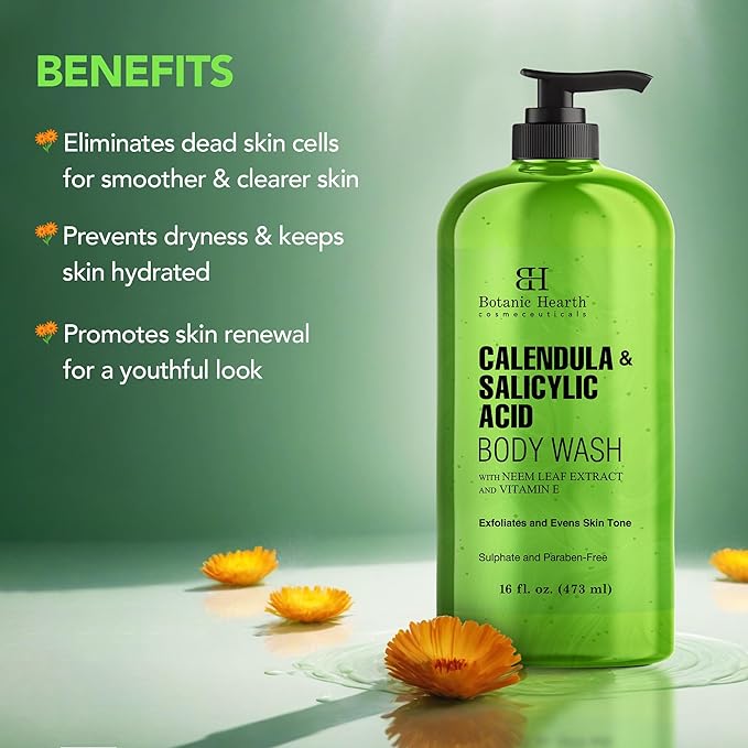 Botanic Hearth Calendula & Salicylic Acid Body Wash | Shower Gel 16 Fl Oz | Exfoliating Body Cleanser With Neem Leaf Extract & Vitamin E | Sulfate & Paraben|Free