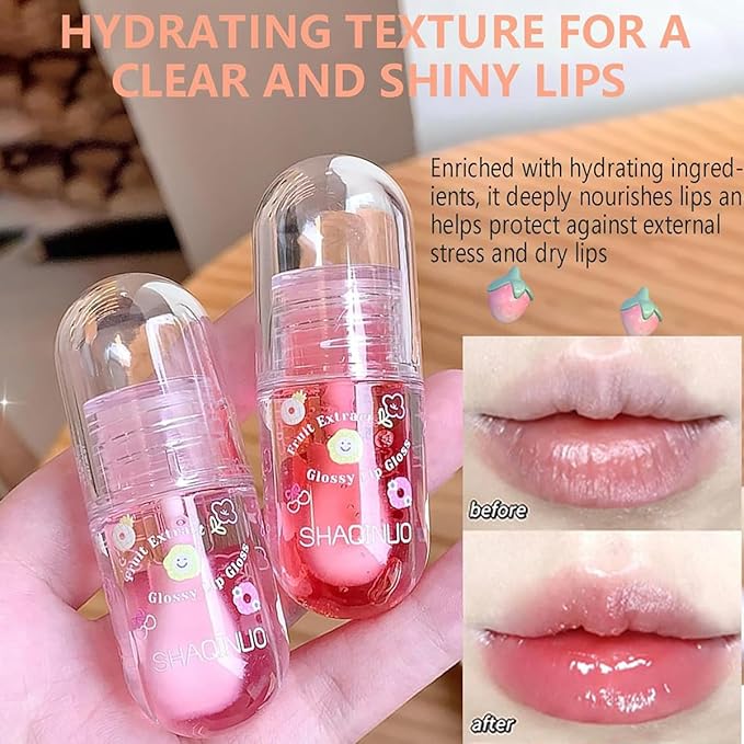 4Pcs Fruit Flavored Lip Gloss Oil Set,Big Brush Head Lip Oil,Cute Lip Hydrating Nourishing Lip Gloss, Jelly Glossy Finish Lip Glow Oil,for Kids and Teens, Kid Friendly, Party Gift, Non-toxic