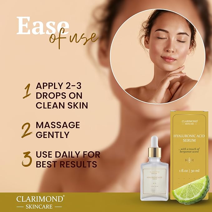 CLARIMOND Hyaluronic Acid Serum for Face – 2% Concentration with Niacinamide, Centella Asiatica, Aloe Vera, Chamomile & Bergamot, Deep Hydration - Skin Repair – Calming Effect.
