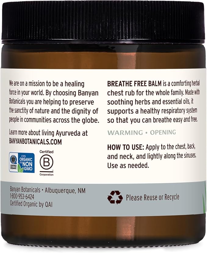 Banyan Botanicals Breathe Free Balm – 99% Organic, Natural Chest Rub with Eucalyptus & Menthol Crystals ­­– for Respiratory Relief & Easy Breathing – 4 oz. – Non GMO Sustainably Sourced Vegetarian