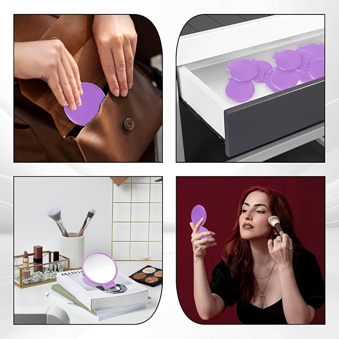 50 Pcs Round Compact Mirror for Purse Mini Folding Mirror Portable Pocket Mirror Makeup Small Mirror Vintage Portable Travel Makeup Mirror for Women Daily Use (Purple)