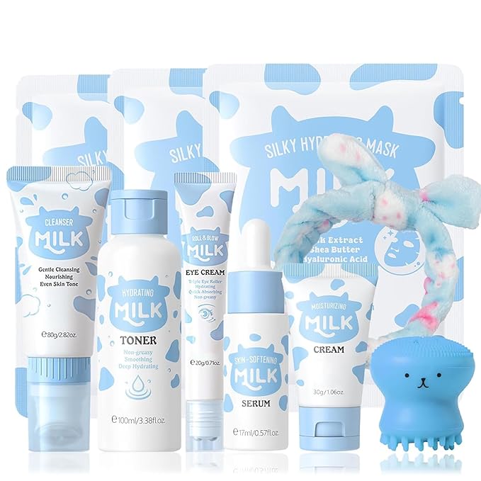 10 In 1 Milk Skincare Products, Milk Skin Care For Teens 10-12 Girls, Natural Skincare For Girls 10-12 Gift Set With Cleanser,Eye Cream,Toner,Serum,Face Moisturiser, Skin Care For Kids