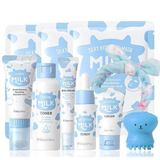 10 In 1 Milk Skincare Products, Milk Skin Care For Teens 10-12 Girls, Natural Skincare For Girls 10-12 Gift Set With Cleanser,Eye Cream,Toner,Serum,Face Moisturiser, Skin Care For Kids