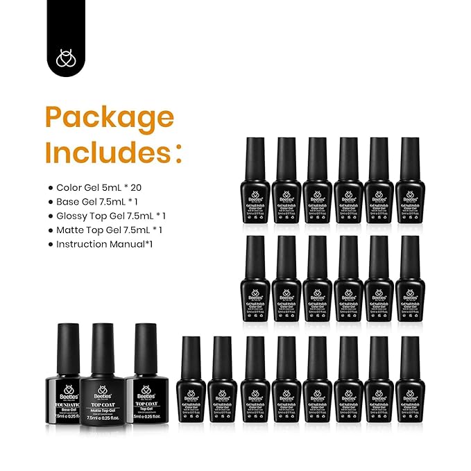 Beetles Fall Gel Nail Polish Set - Fall Yard Gel Polish Kit, 20 Color Orange Burgundy Red Navy Blue Glitter, Soak Off LED UV with Base Top Coat Nail Art Manicure Gift for Women