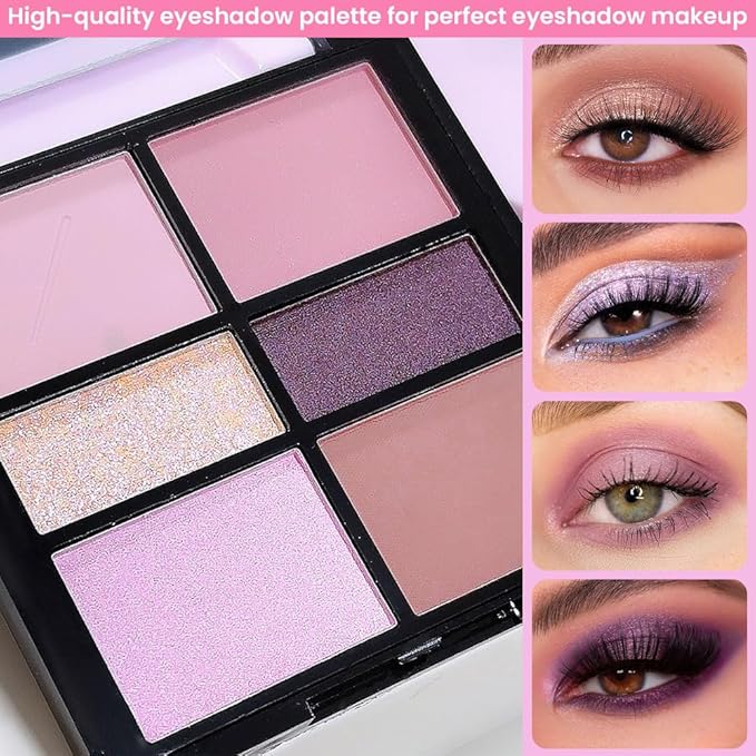 6-Color Pink Champange Purple Matte & Shimmer Eyeshadow Palette with Mirror – Highly Pigmented, Long-Lasting Eye Makeup for Artists & Creative Looks (03#)