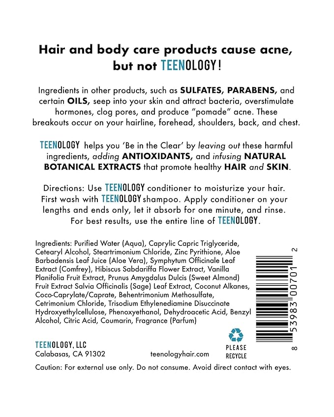 Teenology Conditioner for Teens - Avoid Forehead and Body Acne - Sulfate and Paraben Free, Noncomedogenic, Natural Botanical Extracts, Vanilla Almond - 16 oz.