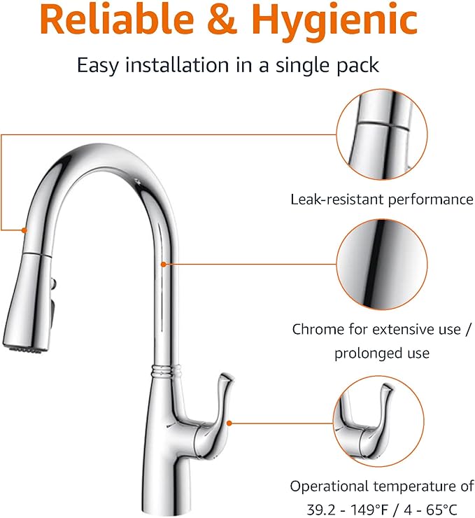 Amazon Basics Kitchen Faucet, Pull-Down Sink with Fast Mount, Chrome Finish, 1-Pack