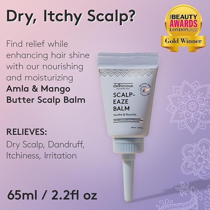 Delhicious Dry Itchy Scalp Treatment Moisturizer Balm - Amla Hair Oil, Shea Butter & Mango Butter - Scalp-Eaze - Psoriasis Scalp Treatment, Dry Scalp Serum - SLS Free, Natural, Vegan, Ayurveda - 65ml
