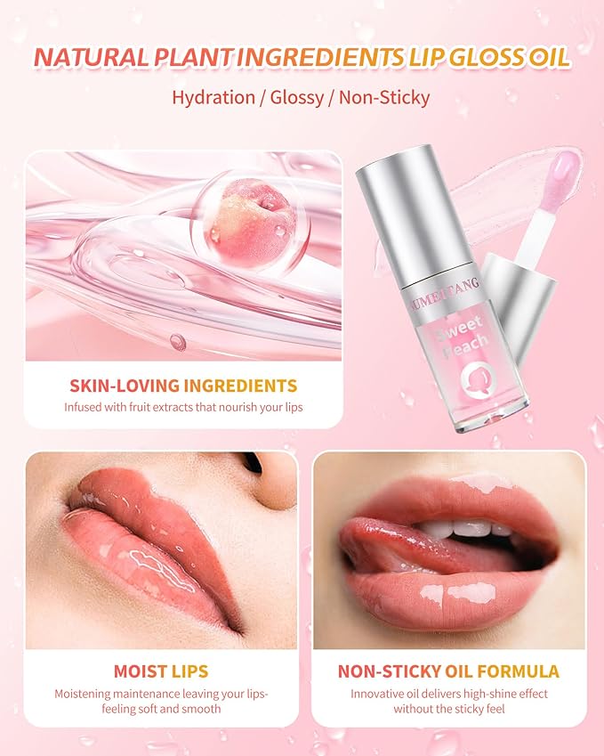 3Pcs Hydrating Lip Oil Set，Non-sticky Lip Oils Gloss Lip Balm Lip Care，Deeply Nourishing and Repairing Prevents Lips Chapped and Lighten Lip Lines(Honey，Peach，Strawberry)