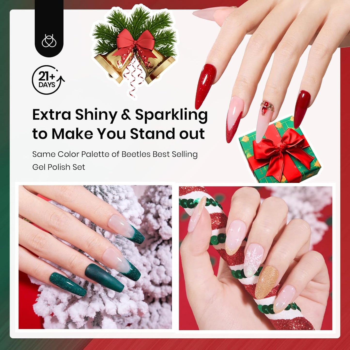 Beetles Christmas Dip Powder Nail Set 6 Colors Red Green Glitter Silver Gold Dipping Powder Starter Kit Manicure DIY Salon for Women No Nail Lamp Needed Glossy Xmas Party