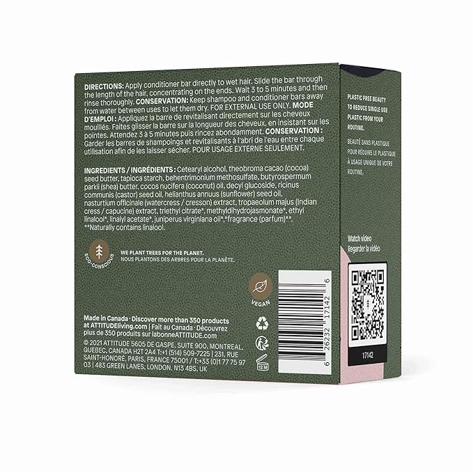 ATTITUDE Hydrating Conditioner Bar, Natural Origin, Ideal for Dry, Damaged Hair, Castor Oil & Shea Butter, Vegan, Herbal Musk, 4 Oz