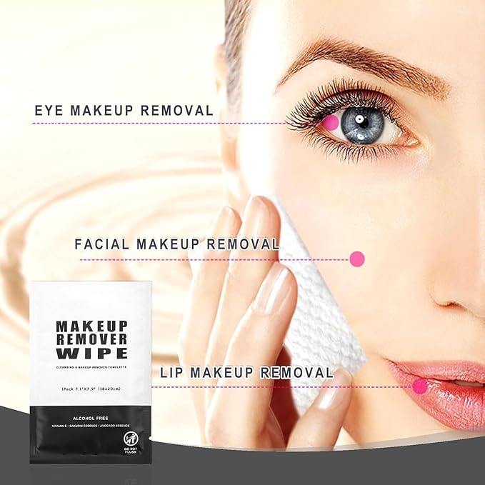 50 pcs Makeup Remover Wipes Bulk Individually Wrapped Makeup Wipes Single Makeup Remover Cloth Facial Cleansing Pads for Mascara Lipstick Oil Dirt Face Skin Travel Hotel (Black)