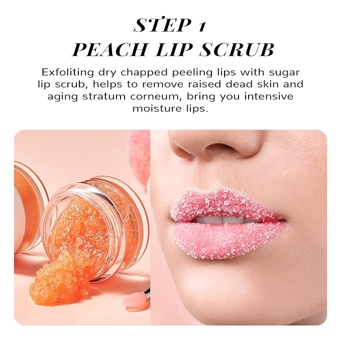 ANAI RUI Lip Mask & Lip Scrub Set, Lip Care Kit, Gift For Mother Girls, Overnight Lip Treatment with Lip Sleeping Mask & Sugar Lip Exfoliator Scrub, Lip Moisturizer for Dry, Chapped, Dark Lips, Peach