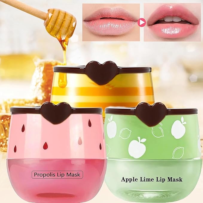 3 Pcs Bee Lip Balm Honey Pot,Honey Strawberry Lime Lip Mask,Lip Balm Moisturizing Lip Sleep Mask with Stick Hydrating & Prevention Dry and Cracked (Honey Strawberry Lime)