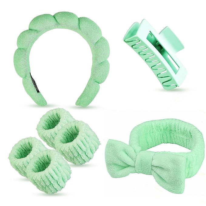 7 Pcs Spa Set, Facial Headband and Wristband Set, Skincare Accessories, College Style Girl Gift, Hair Accessories for Women and Girls（Light Green）