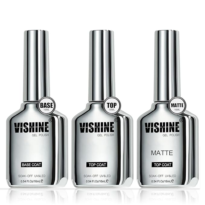 Vishine 3Pcs 16ml Gel Top Coat & Base Coat Set, Matte & Shiny Finish, Long Lasting, Compatible with All Brands, Suitable for Natural & Artificial Nails