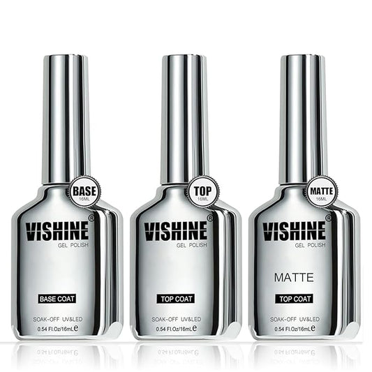 Vishine 3Pcs 16ml Gel Top Coat & Base Coat Set, Matte & Shiny Finish, Long Lasting, Compatible with All Brands, Suitable for Natural & Artificial Nails