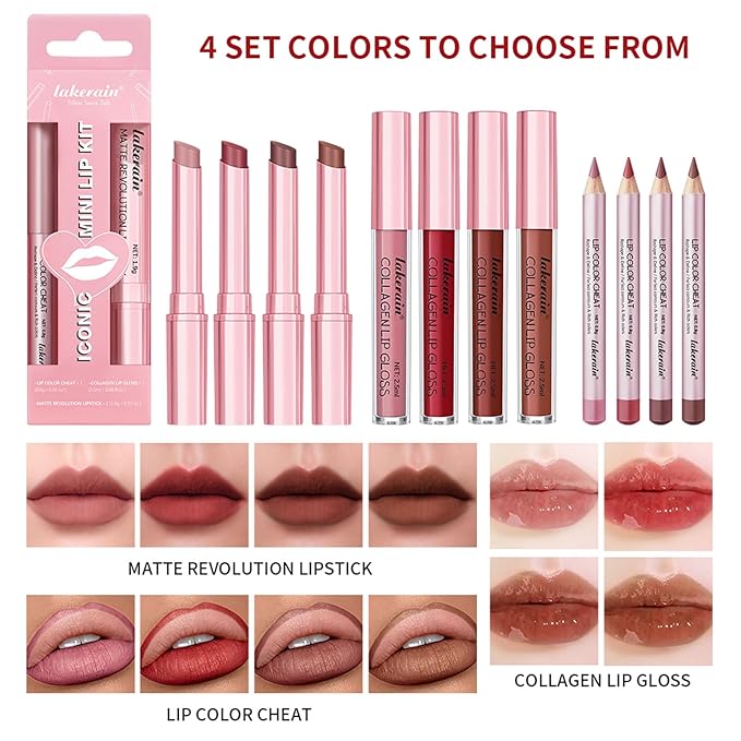 3PCS Lip Liner and Lipstick Combo Set - Matte Lip Liner Pencil, Velvet Matte Lipstick & Hydrating Collagen Lip Gloss - Long-Lasting, Smudge-Proof, High Pigment Nude Brown Lip Makeup Kit (Set 3, 3)