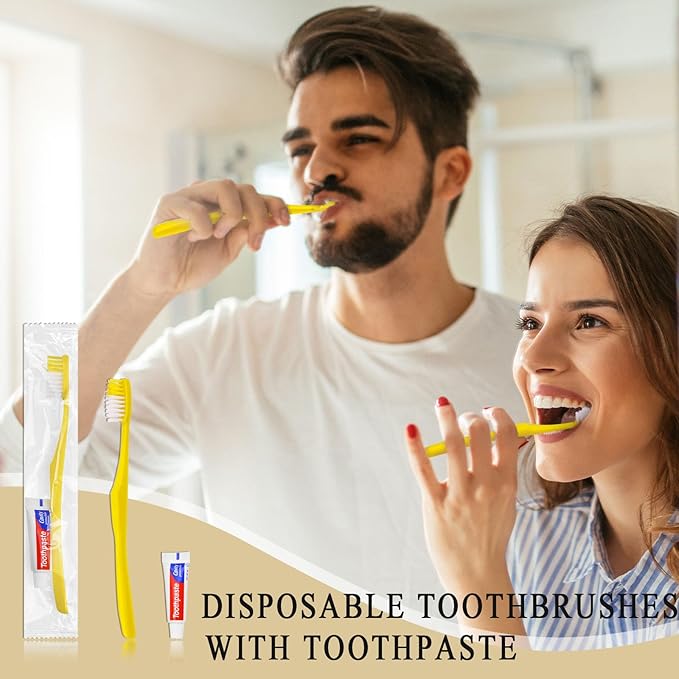 Disposable Toothbrushes with Toothpaste,30 Pack Yellow Hollow Individually Wrapped Disposable Travel Toothbrushes Kit in Bulk for Homeless,Nursing Home,Hotel,Charity