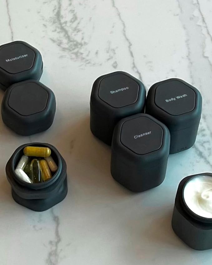 Cadence Travel Containers - Daily Routine Capsule Set - Magnetic Containers with Lids,4 Flex Mediums (1.32oz) & 3 Flex Smalls (0.56oz) - Shampoo, Conditioner, Body Wash, Pills, & More - Pacific