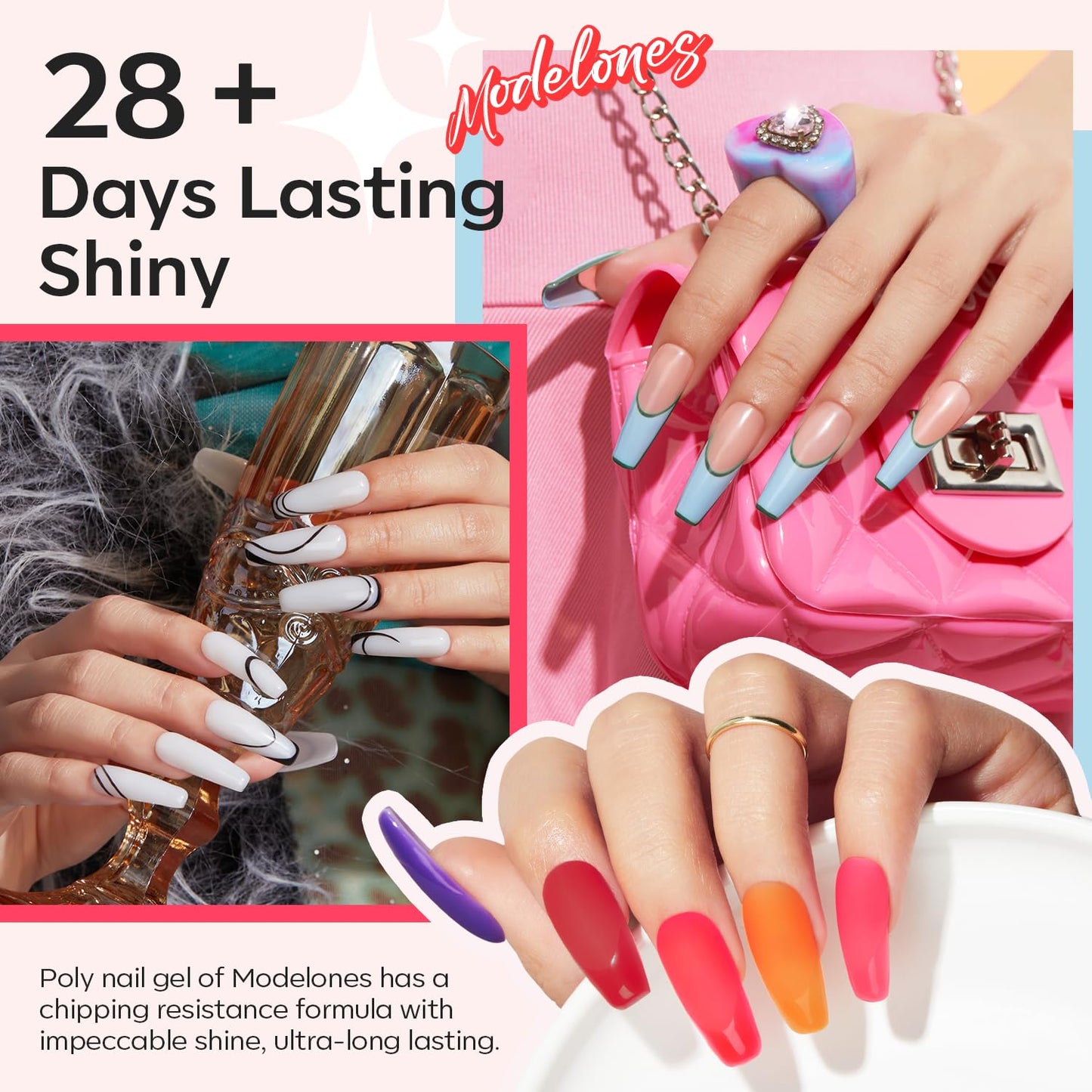 Modelones 133pcs Poly Nail Gel Kit, 32 Colors Spring Pink Pastel Poly Extension Gel kit with Nail Lamp Base Top Coat Slip Solution Builder Enhancement Manicure Tools for Starter Supplies