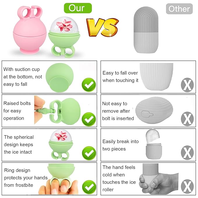 2 Pack Ice Roller for Face, Ice Face Roller for Eye Neck Body, Ice Cube Roller Massager Gua Sha Tool, Eliminates Puffiness, Reusable Facial Ice Mold, De-Puff Eye Bags, Beauty Care (Pink and Green)