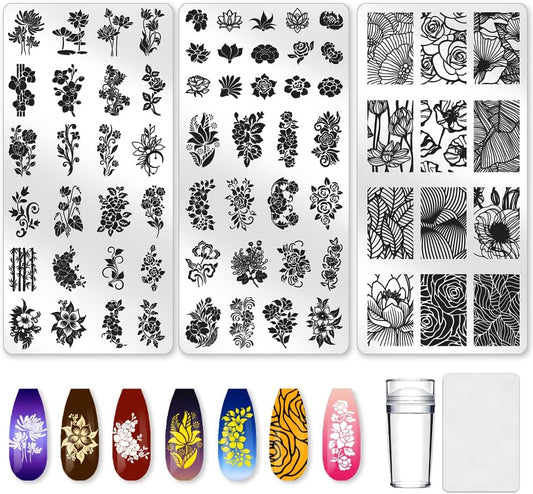 3Pcs Vintage Floral Nail Stamping Plate Set Flower Leaves Bamboo Nail Stamp Templates French Line Tip Nail Stamp Plates Rose Metal Reusable Tools with Stamper Scraper for Manicure Printing