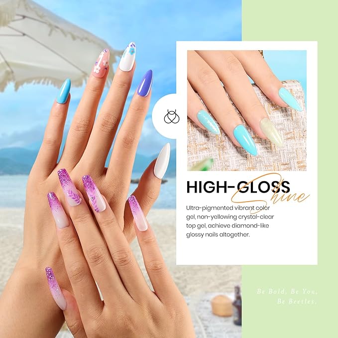 Beetles Gel Nail Polish Set, 20 Colors Blue Nude Pink Purple Orange Glitter Gel Polish Glamour Games Collection with Base Top Coat Nail Art Soak off Nail Manicure Gift for Girls Women