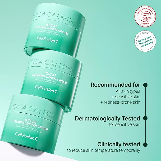 Cell Fusion C Calming Down Cream, CICA, Redness Relieving Moisturizer for Sensitive Skin, Green Color Correcting, Centella Asiatica, 50ml / 1.69 fl.oz
