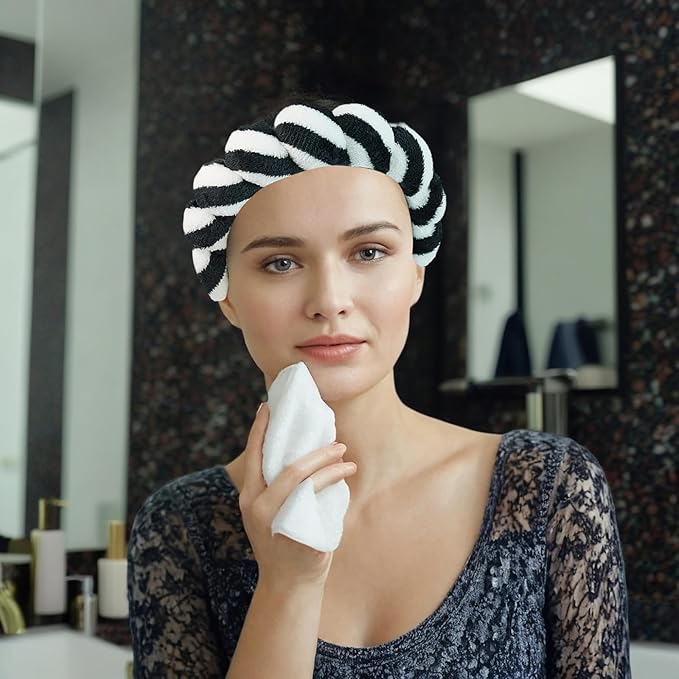 7 Pcs Spa Set, Facial Headband and Wristband Set, Skincare Accessories, College Style Girl Gift, Hair Accessories for Women and Girls（Black White Stripe ）