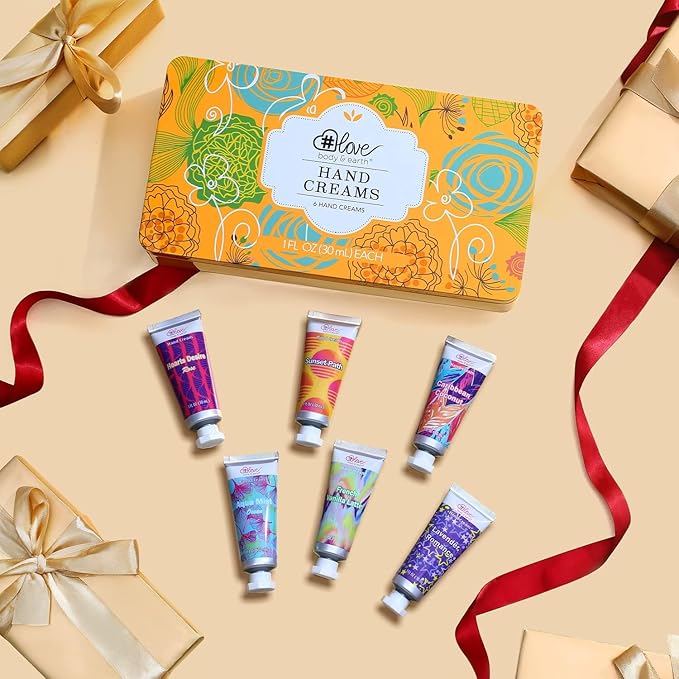BODY & EARTH # LOVE Hand Cream Gift Set Hand Lotion with Organic Argan Oil to Nourish and Deeply Moisturize Rough Hands, 6 x 1.0 oz Travel Size Hand Lotion Cream, Gift for Women Mom Birthday Gifts