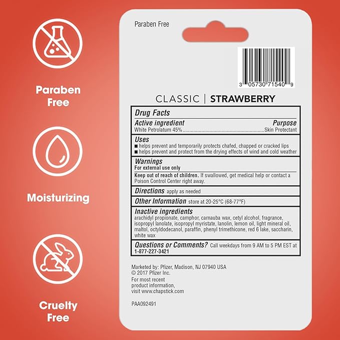 ChapStick Classic Strawberry Lip Balm, 6-Count – Tinted Lip Moisturizer, Juicy & Sweet, 0.15 Oz Ea