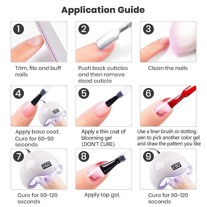 Vishine 3Pcs 16ml No Wipe Gel Base Top Coat Set & Blooming Gel, Shine Finish Top Base Gel Spreading Marble Effect Long Lasting Soak off UV LED Nail Gel Nail Art Design