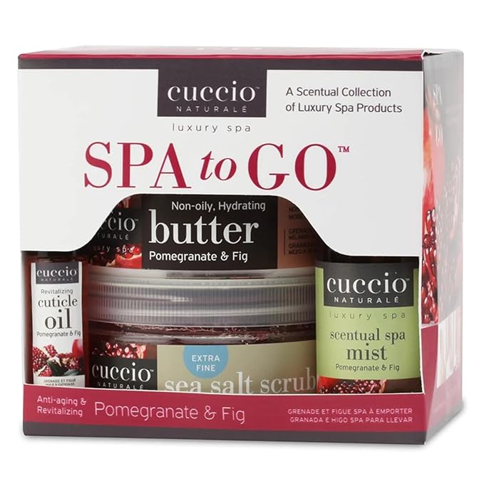 Cuccio 4 Piece Spa To Go Kit – Pomegranate & Fig – Complete Skincare Set for Exfoliation, Hydration, and Revitalization