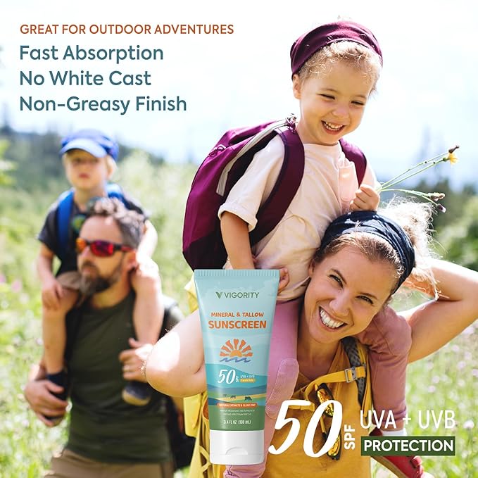 Beef Tallow Sunscreen with Zinc Oxide: Natural Non-Toxic SPF 50 Tallow Sunblock Cream for Face & Body - with 10 Food-Grade Botanical Extracts (SPF 50 (Pack of 2))