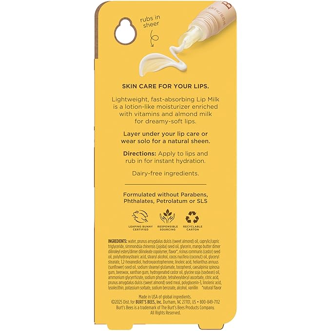 Burt’s Bees Lip Milk, Daily Lip Moisturizer, Toasted Coconut, Vitamin Enriched Moisturizing Lip Balm with Almond Milk and Jojoba Oil, Hydrating for Softer Lips, 1 Tube, 0.34 Fl Oz
