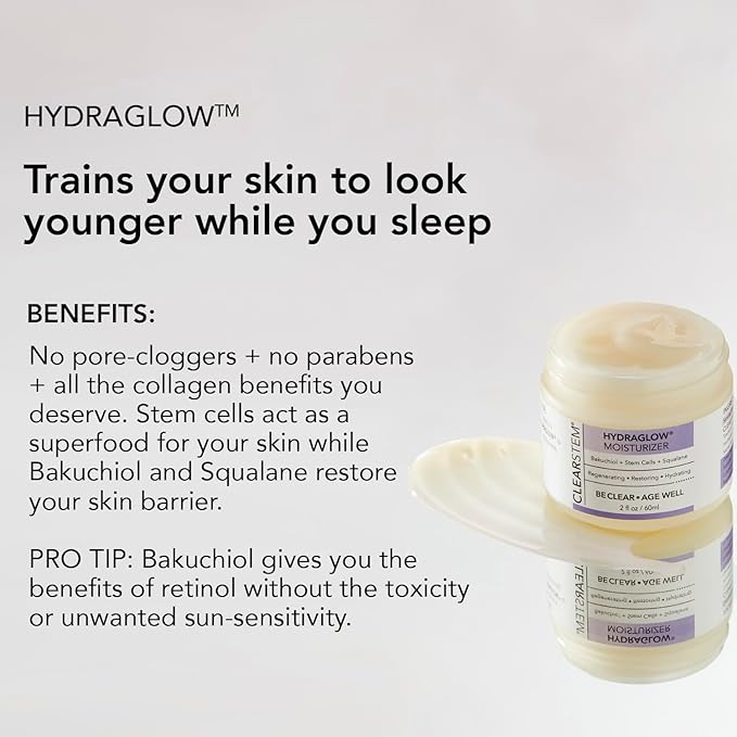 CLEARSTEM - HYDRAGLOW Stem Cell Moisturizer - Bakuchiol + Squalene - Youthful Skin Face Moisturizer - All Skin Types - Facial Skin Care Products - Gluten Free, Cruelty Free - 2 fl oz / 60ml