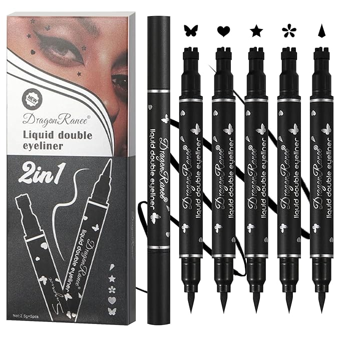 5 PCS Black Liquid Winged Eyeliner Stamp Pen Makeup Tools,Double-side Eyeliner Stamps Pencil Set,Waterproof & Long Lasting Smudgeproof Eye Liner Stencil Tattoo Pens for Women