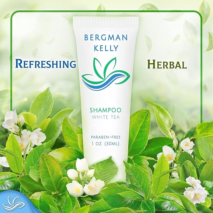 BERGMAN KELLY - Travel Size Hotel Shampoo - 1 fl oz, 200 PK, White Tea - Delight Your Guests with Revitalizing & Refreshing Hair Cleanser for Guest Hospitality - Mini & Small Size Shampoo in Bulk