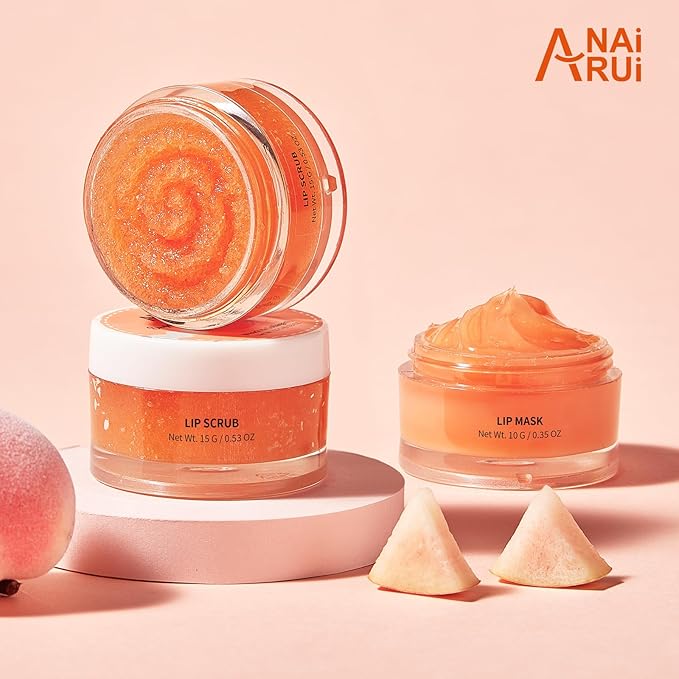 ANAI RUI Lip Mask & Lip Scrub Set, Lip Care Kit, Gift For Mother Girls, Overnight Lip Treatment with Lip Sleeping Mask & Sugar Lip Exfoliator Scrub, Lip Moisturizer for Dry, Chapped, Dark Lips, Peach