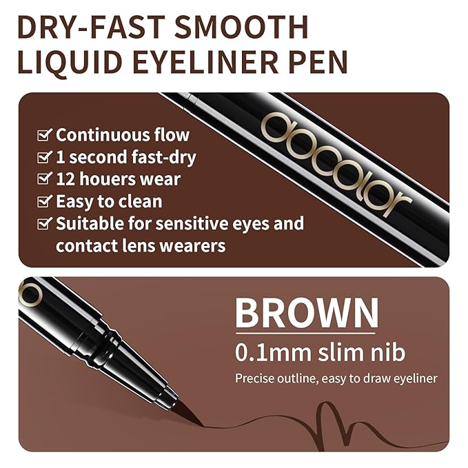 docolor Eyeliner, 2PCS Brown Liquid Eyeliner Waterproof Eye Liner Pen Super Slim Precise All Day Brown Eye Pencils Professional Makeup Liquid Eye Liner Pencil for Women